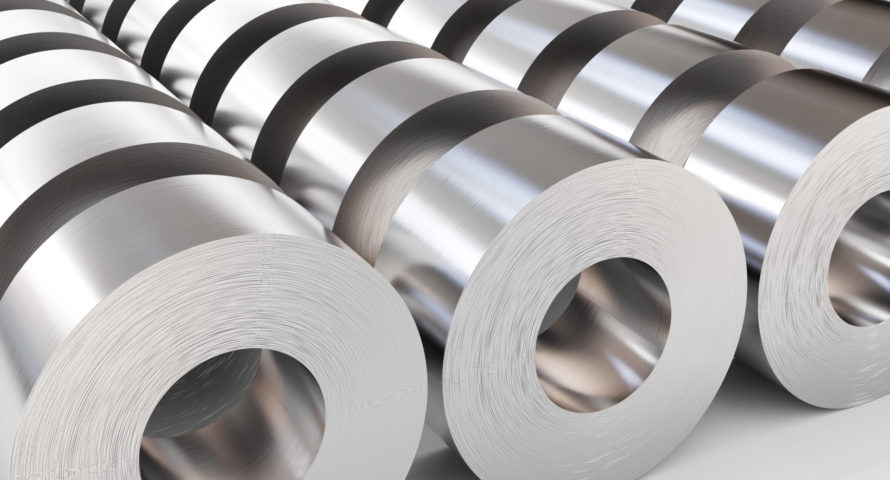 Warehouse of steel rolls. Steel sheets in rolls, rolled metal products. 3d illustration.